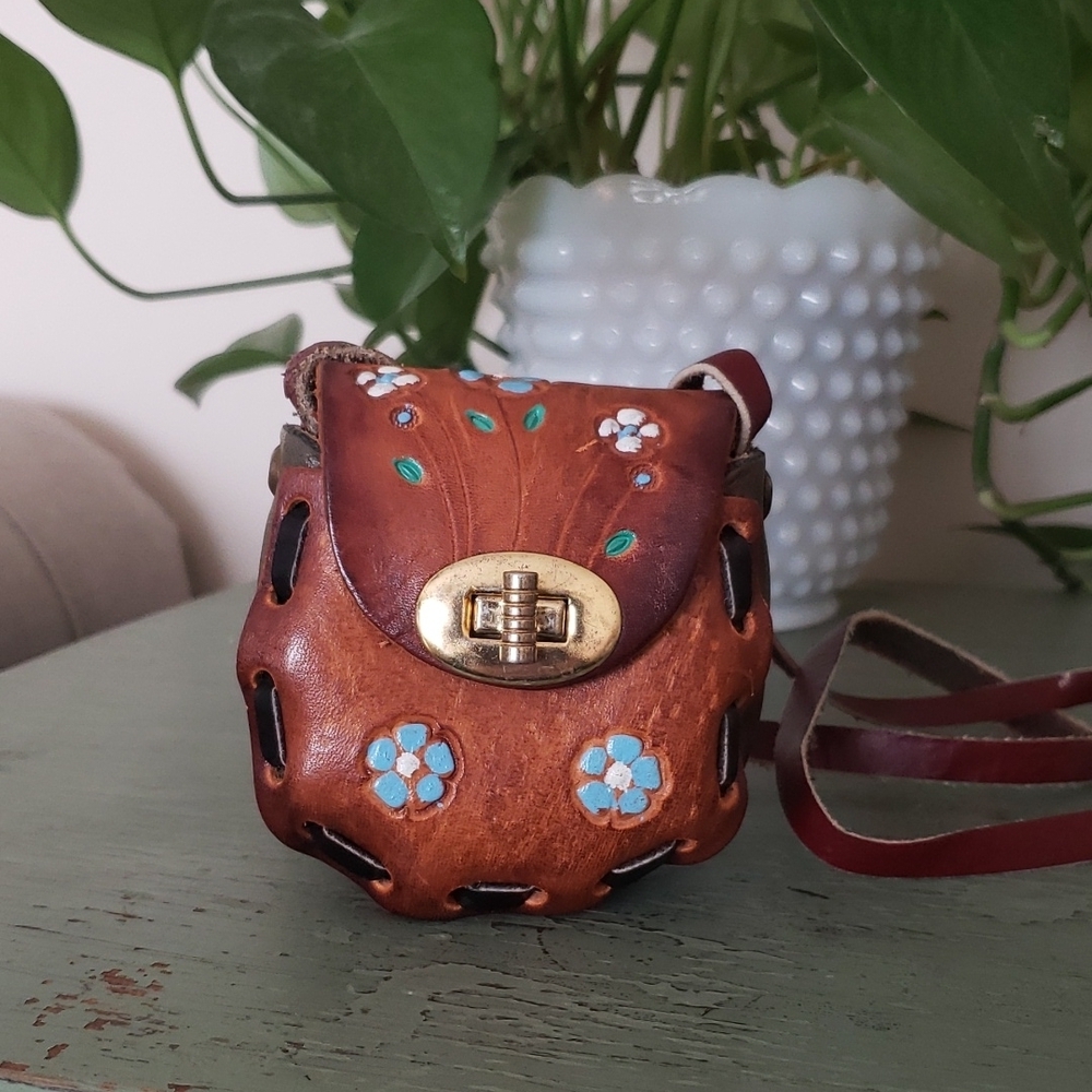 Vintage Tooled Hand Painted Floral Butterfly Leather Mini Bag
